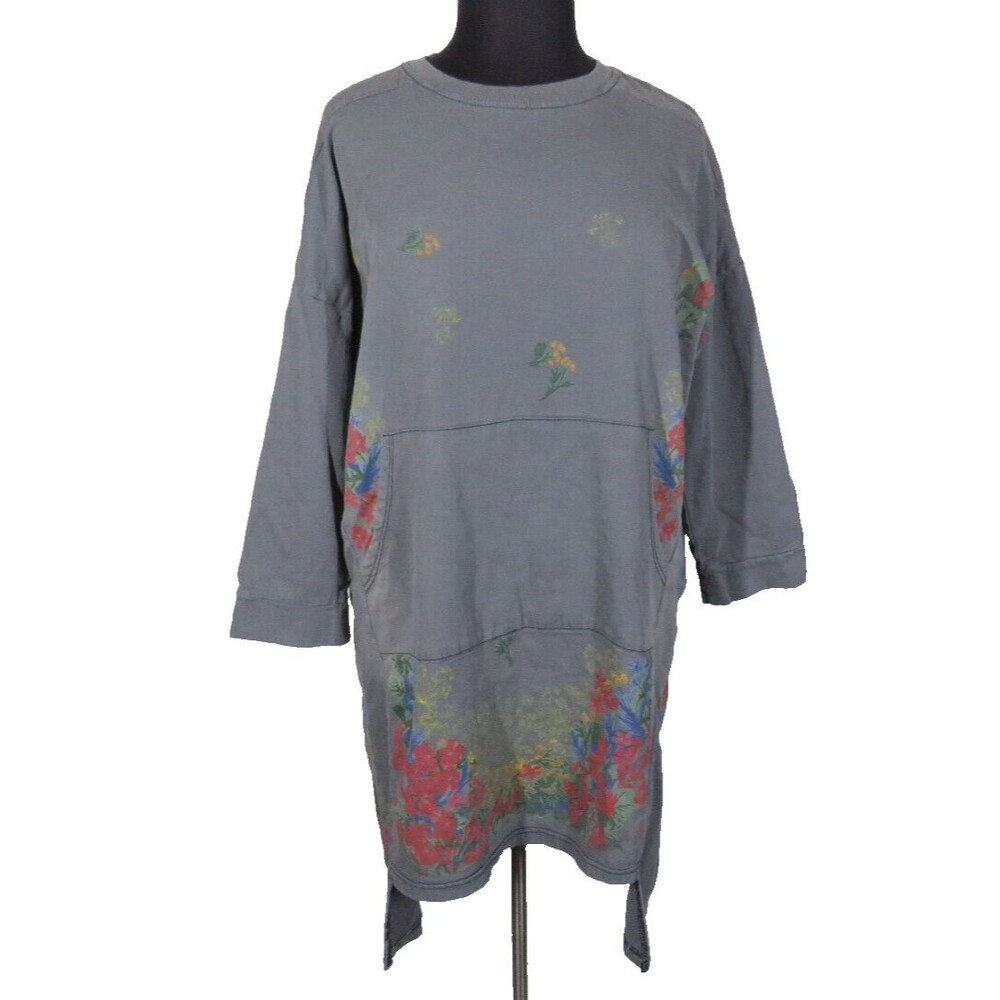Monthorigin Art To Wear Gray Floral Oversized Boho Sweatshirt Dress Size XL